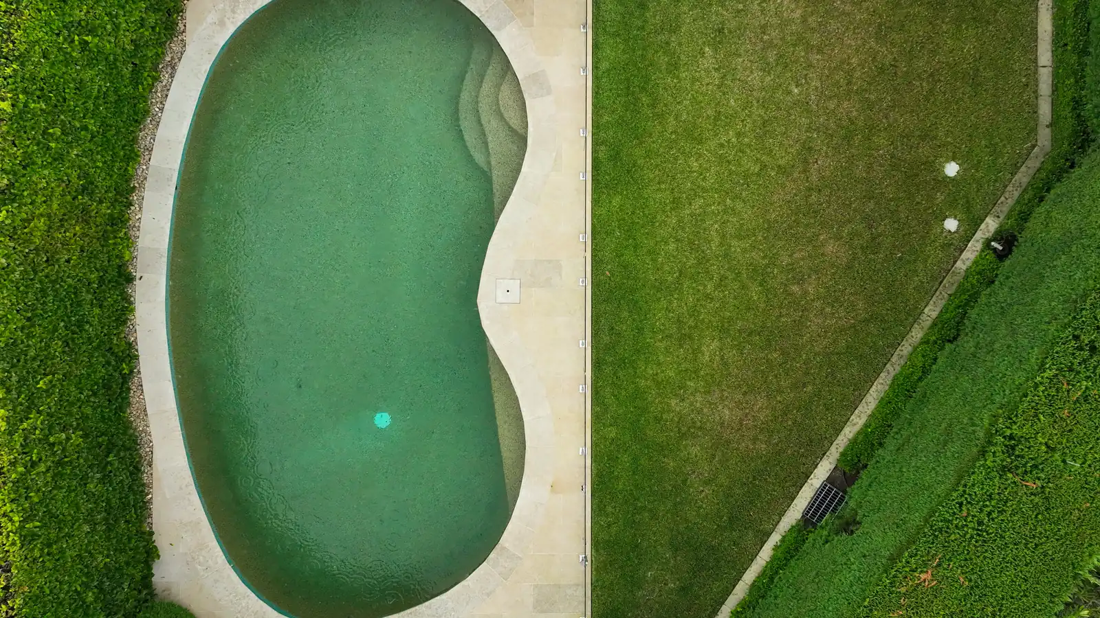 The Castlecrag pool and lawn from above, the terrace wrapping the garden edge