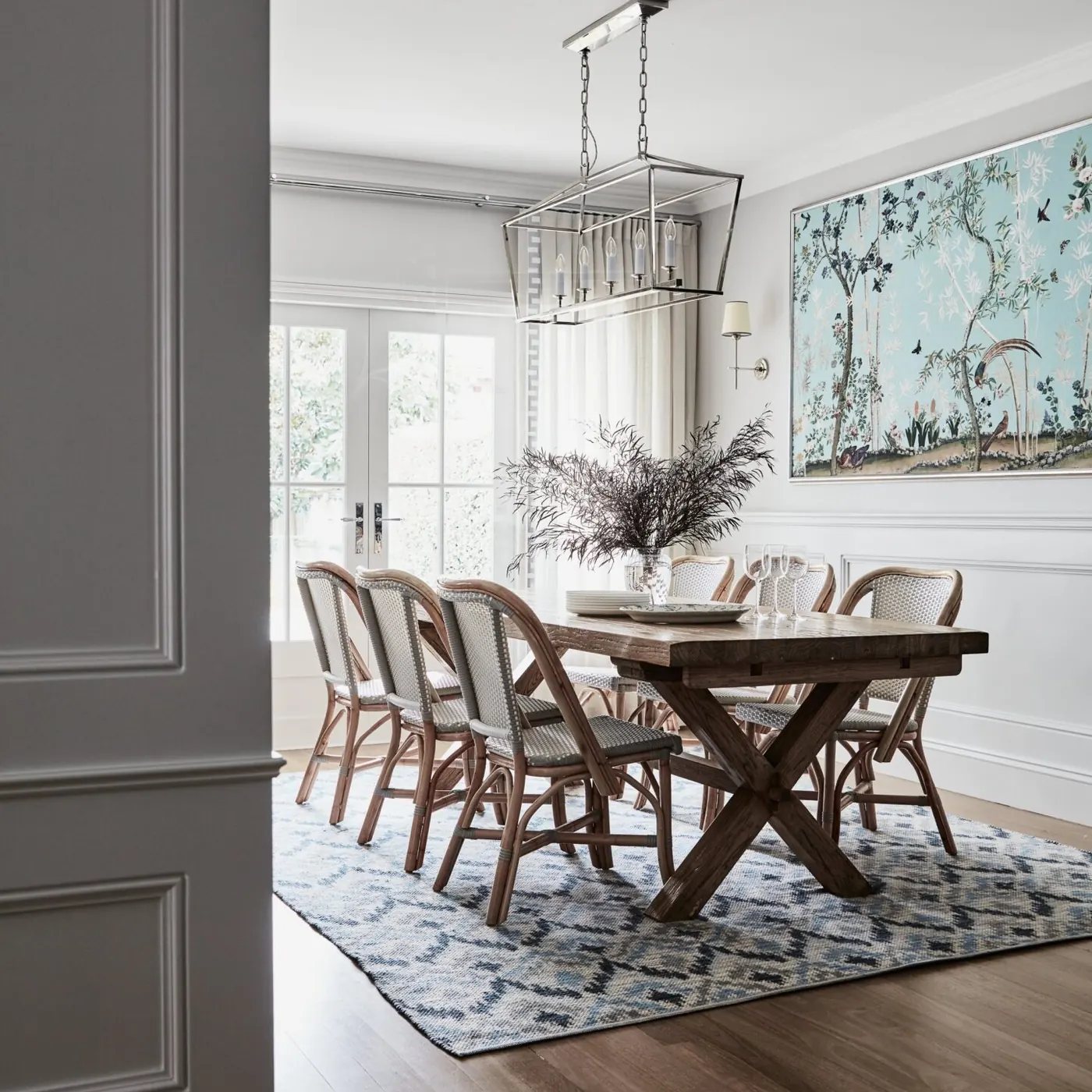Dining room with a recycled timber table, wall panelling and a hand-painted chinoiserie panel, Concord