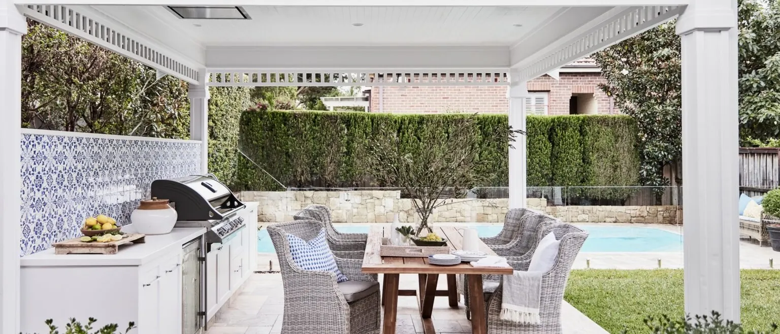 Covered outdoor kitchen and dining terrace beside the pool, Concord