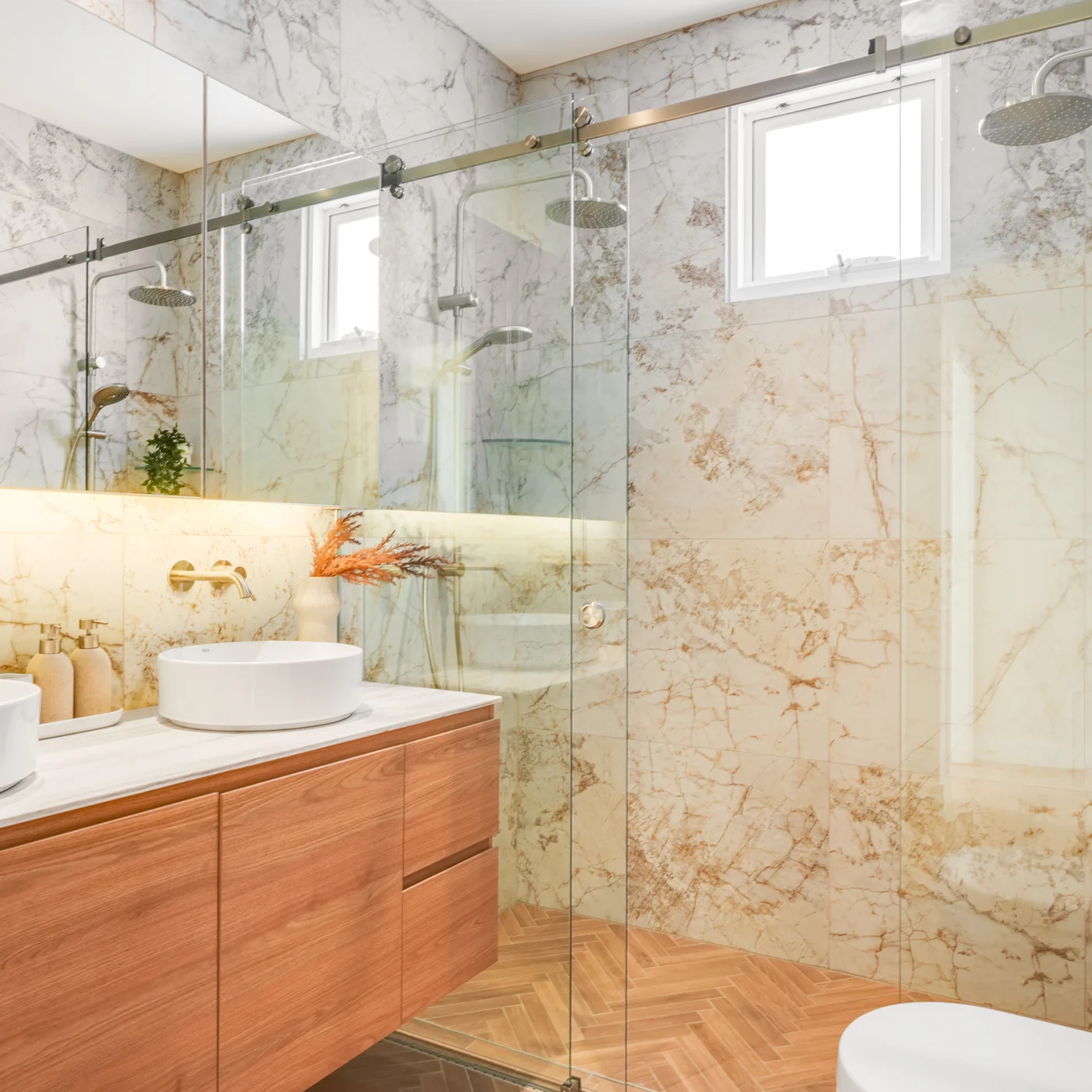 Bathroom lined in marble, with a timber vanity, twin basins and a walk-in shower, 27 Forsyth Street