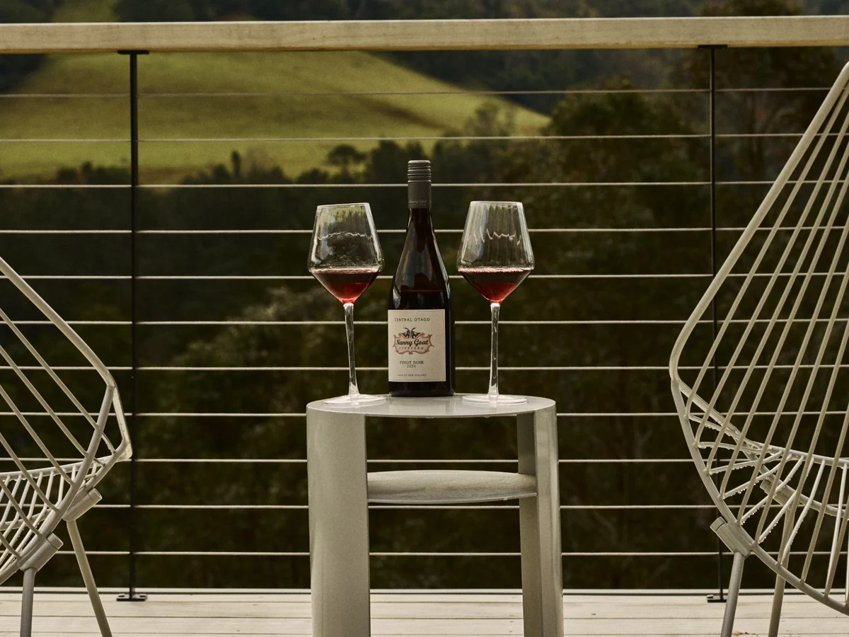Two glasses of wine on the deck, the escarpment and paddocks beyond