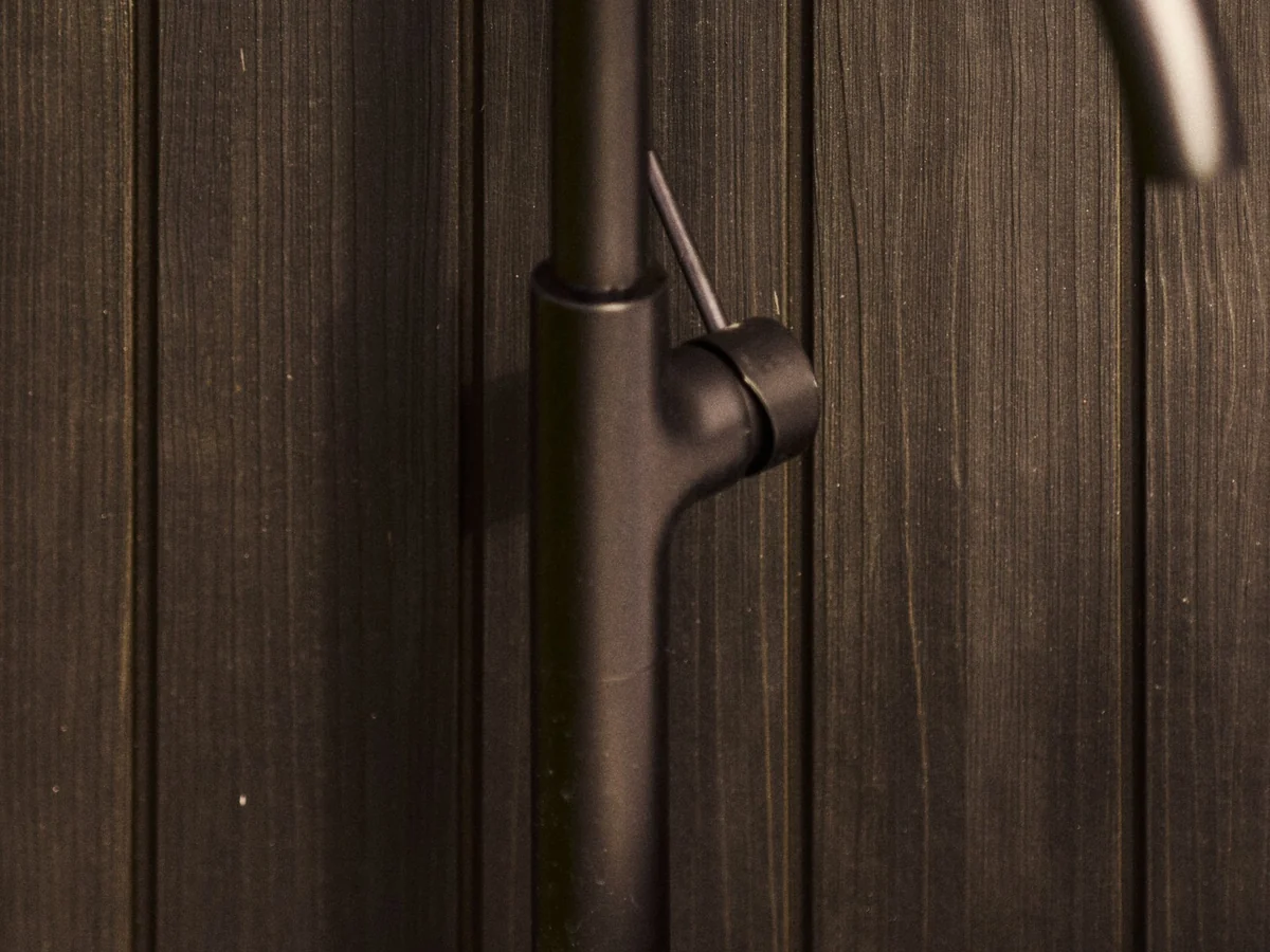Black tapware against the dark timber cladding